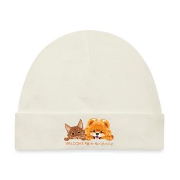 Guckende Ingwerkatze und Zwergspitzer Hund - Baby Premium Organic Mütze - Naturweiß - Vorne