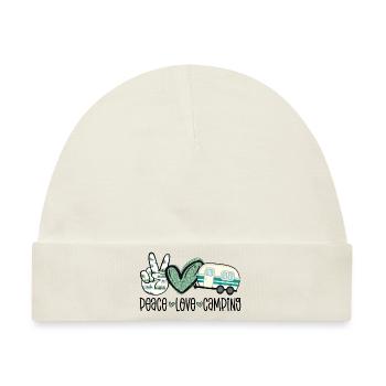 Peace Love Camping Campen Retro Wohnwagen Camper - Baby Premium Organic Mütze - Naturweiß - Vorne