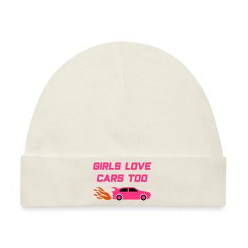 Girls love cars too (Sportwagen, Flammen, Auspuff) - Baby Premium Organic Mütze - Naturweiß - Vorne