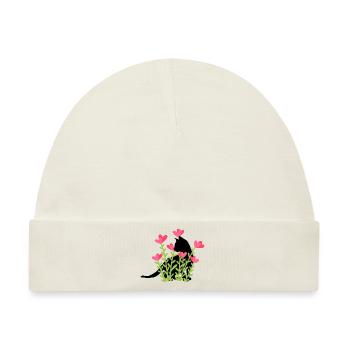 Frühlingsdesign - schwarze Katze im Blumenbeet - Baby Premium Organic Mütze - Naturweiß - Vorne
