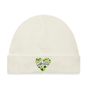 gabriella Namensdesign mit herzförmigem grünem Ohr - Baby Premium Organic Mütze - Naturweiß - Vorne