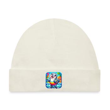 Ein lustiges buntes Design mit Siegel - Baby Premium Organic Mütze - Naturweiß - Vorne