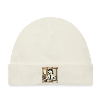 Husky am Schreibtisch - Ukiyo-e Stil - Baby Premium Organic Mütze - Naturweiß - Vorne