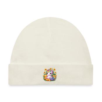 Kawaii Einhorn mit Orangen und Narzissen - Baby Premium Organic Mütze - Naturweiß - Vorne