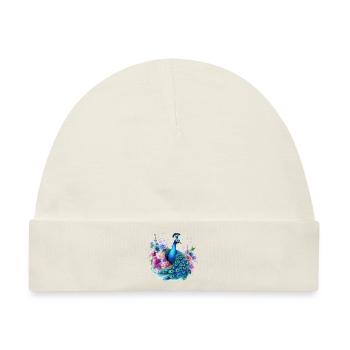 Pfau Pfauenfeder Blumen Bunt Farbenfroh Kunst - Baby Premium Organic Mütze - Naturweiß - Vorne