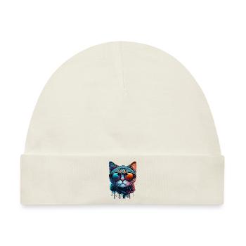 Buntes Katzengesicht mit Sonnenbrille stylish - Baby Premium Organic Mütze - Naturweiß - Vorne