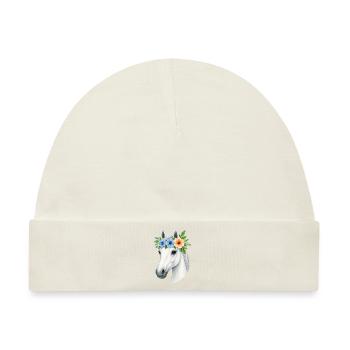 Weißes Pferd mit Blumenkranz - Baby Premium Organic Mütze - Naturweiß - Vorne