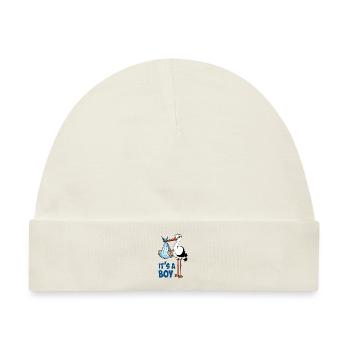 Storch mit dem kleinen Jungen; "Es ist ein Junge" - Baby Premium Organic Mütze - Naturweiß - Vorne
