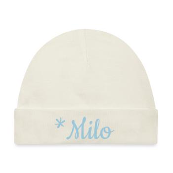 Jungenname Milo als Schriftzug auf Kinderkleidung - Baby Premium Organic Mütze - Naturweiß - Vorne