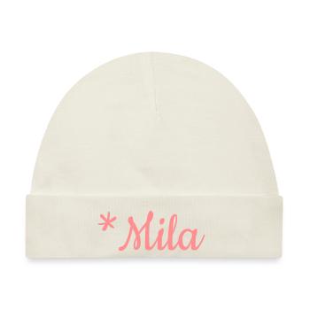 Mädchenname Mila als Schriftzug auf Kinderkleidung - Baby Premium Organic Mütze - Naturweiß - Vorne