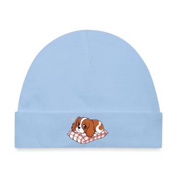 Schlafhund auf kariertem Kissen - Baby Premium Organic Mütze - Hellblau - Vorne