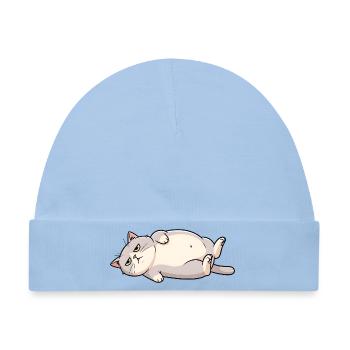 Schlafkater Cartoon in Grau-Weiß Dicke Katze - Baby Premium Organic Mütze - Hellblau - Vorne