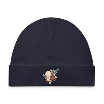 Edles Pralinen Motiv zwischen zartem Blattwerk - Baby Premium Organic Mütze - Navy - Vorne