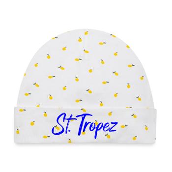St Tropez Küstenflair Blau Script - Baby Premium Organic Mütze - Weiß/Zitronengelb - Vorne