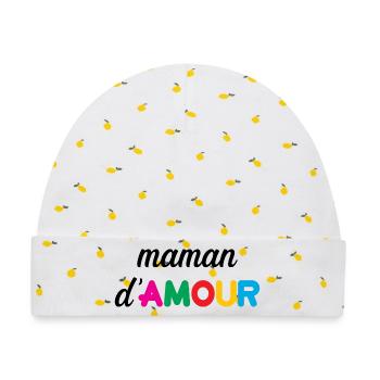 Maman d'Amour - Muttertag - Baby Premium Organic Mütze - Weiß/Zitronengelb - Vorne