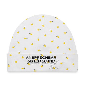 Ansprechbar ab 08:00 Uhr - Baby Premium Organic Mütze - Weiß/Zitronengelb - Vorne