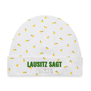 Lausitz Danke-Shirt — Kurz, klar, regional - Baby Premium Organic Mütze - Weiß/Zitronengelb - Vorne