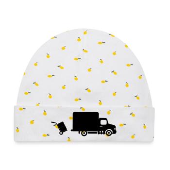 Umzugswagen mit Bollerwagen - Baby Premium Organic Mütze - Weiß/Zitronengelb - Vorne
