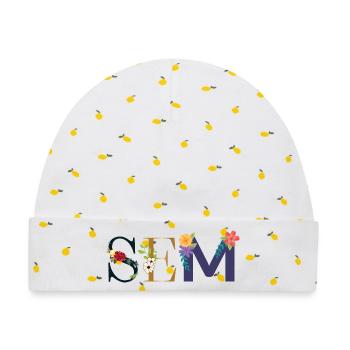 SEM Name mit Blumen geschmückt - Baby Premium Organic Mütze - Weiß/Zitronengelb - Vorne