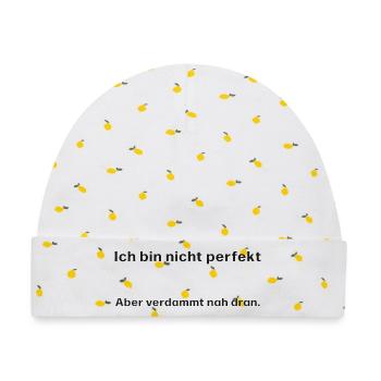 Humorvoller Spruch mit Selbstironie - Baby Premium Organic Mütze - Weiß/Zitronengelb - Vorne