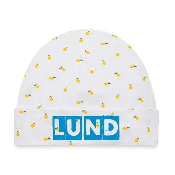 Lund – Blaues Textdesign - Baby Premium Organic Mütze - Weiß/Zitronengelb - Vorne