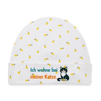 Ich wohne bei meiner Katze – Lustiges Katzenmotiv  - Baby Premium Organic Mütze - Weiß/Zitronengelb - Vorne