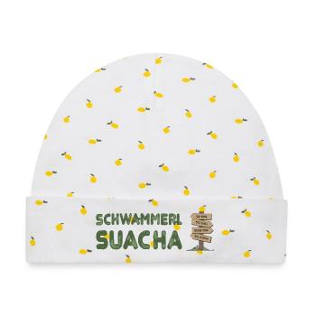 Schwammerlsuacha - Wegweiser Dialekt - Baby Premium Organic Mütze - Weiß/Zitronengelb - Vorne