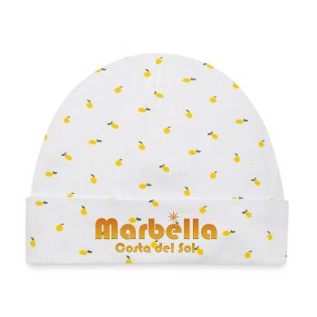 Marbella Costa del Sol-Sunburst Text - Baby Premium Organic Mütze - Weiß/Zitronengelb - Vorne
