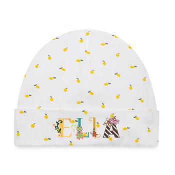 ELLA Namenskunst mit gestickten Blumen - Baby Premium Organic Mütze - Weiß/Zitronengelb - Vorne