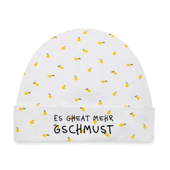 Es gheat mehr gschmust Dialekt Statement Schmusen - Baby Premium Organic Mütze - Weiß/Zitronengelb - Vorne
