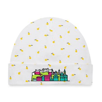 Salzburger Stadtsilhuettfestung Moderne Linienkunst - Baby Premium Organic Mütze - Weiß/Zitronengelb - Vorne