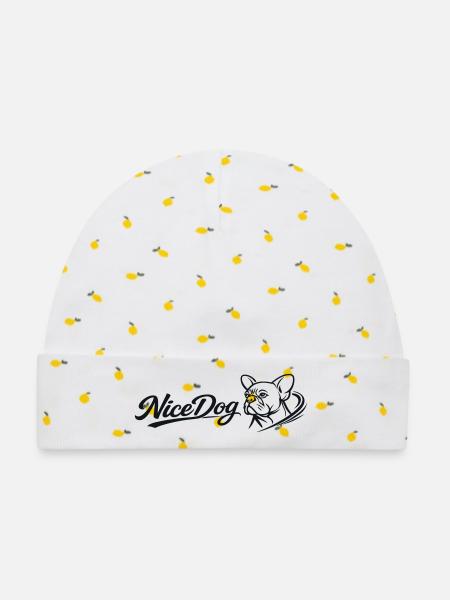 NiceDog Hundeporträt Silhouette - Baby Premium Organic Mütze - Weiß/Zitronengelb