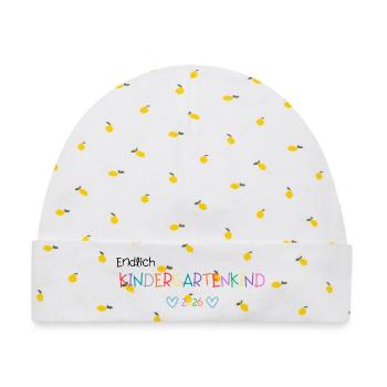 KINDERGARTENKIND 2026 - Baby Premium Organic Mütze - Weiß/Zitronengelb - Vorne