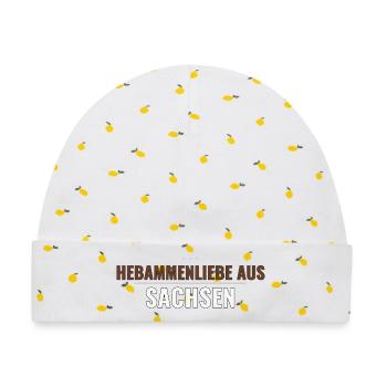 Hebammenliebe aus Sachsen – Herzliches Dankeschön - Baby Premium Organic Mütze - Weiß/Zitronengelb - Vorne