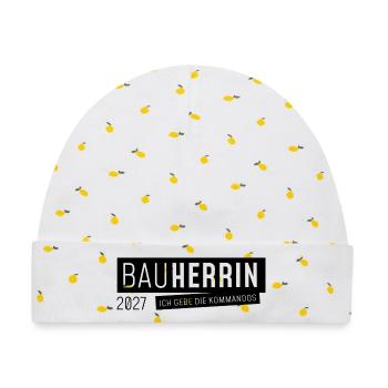 Bauherrin 2027 - ich gebe hier die Kommandos - Baby Premium Organic Mütze - Weiß/Zitronengelb - Vorne