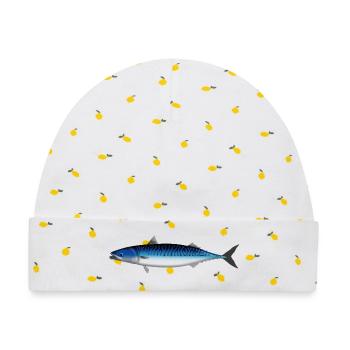 Makrele Natur für Angler in Skandinavien, Norwegen - Baby Premium Organic Mütze - Weiß/Zitronengelb - Vorne