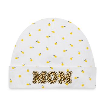 MOM Leopard Print Muster - Baby Premium Organic Mütze - Weiß/Zitronengelb - Vorne