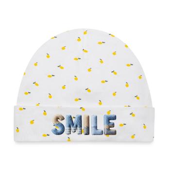 Smile Patchwork Trend Lettering Stil Handmade - Baby Premium Organic Mütze - Weiß/Zitronengelb - Vorne