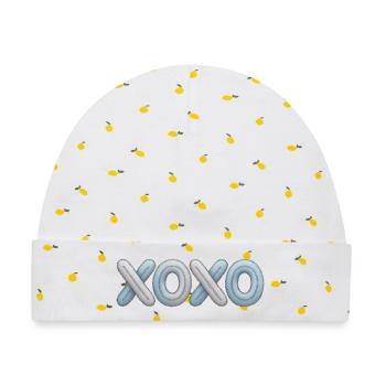 XOXO Patchwork Stickerei - Baby Premium Organic Mütze - Weiß/Zitronengelb - Vorne