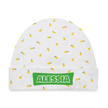 Alessia Namenslogo Grünblock - Baby Premium Organic Mütze - Weiß/Zitronengelb - Vorne
