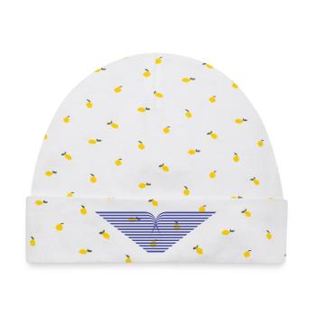 Blaues Strahlen-V Design - Baby Premium Organic Mütze - Weiß/Zitronengelb - Vorne