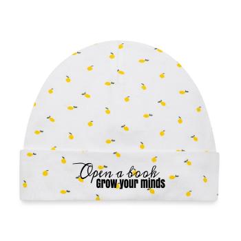 Buchdesign Open A Book, grow your minds - Baby Premium Organic Mütze - Weiß/Zitronengelb - Vorne