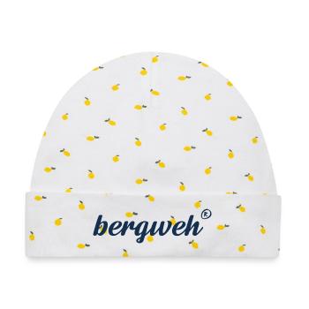 bergweh® Schriftzug dunkelblau - Exklusiv - Baby Premium Organic Mütze - Weiß/Zitronengelb - Vorne