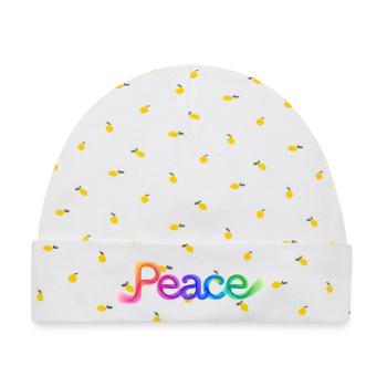 Farbige Peace-Schrift im Pfeildesign - Baby Premium Organic Mütze - Weiß/Zitronengelb - Vorne