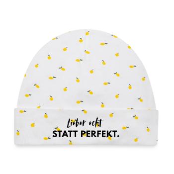 Echt statt perfekt Statement Zitat - Baby Premium Organic Mütze - Weiß/Zitronengelb - Vorne