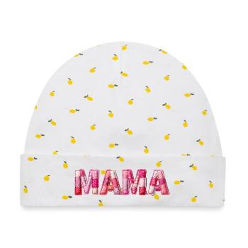 Mama Handmade Patchwork Schrift - Baby Premium Organic Mütze - Weiß/Zitronengelb - Vorne