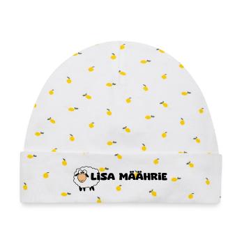 Lisa Marie - Schriftzug Lisa Mäährie mit Schaf - Baby Premium Organic Mütze - Weiß/Zitronengelb - Vorne