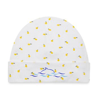 Azurblaue Wellenlinien mit Delfin - Baby Premium Organic Mütze - Weiß/Zitronengelb - Vorne
