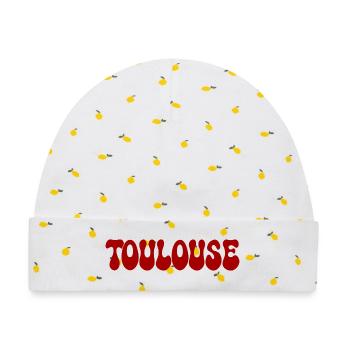 Toulouse Red Drops Buchstaben - Baby Premium Organic Mütze - Weiß/Zitronengelb - Vorne