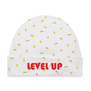 LEVEL UP-Roter Text - Baby Premium Organic Mütze - Weiß/Zitronengelb - Vorne